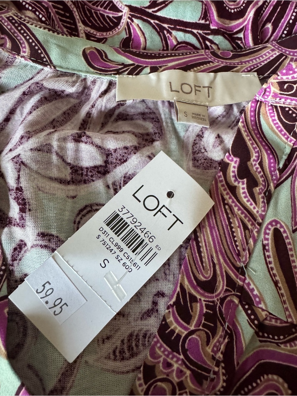 LOFT NWT Paisley Floral Blouse Size Small Mint Purple Split Neck Long Sleeve - Picture 10 of 12